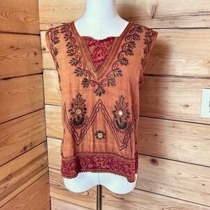Vintage Embroidered Boho Tank Top Size Large Burnt Orange Handmade Mirror Detail